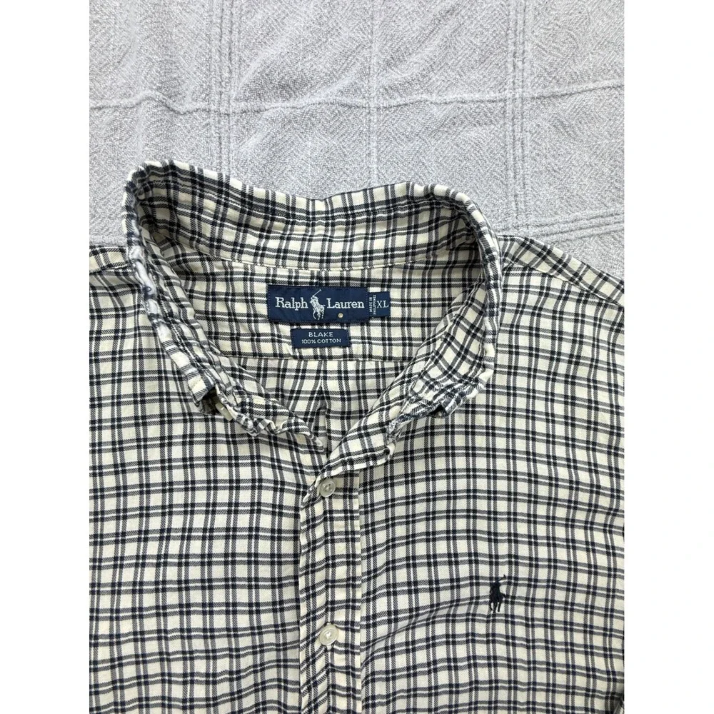 Ralph Lauren Blake Shirt Mens XL Plaid Cotton Button Down Long Sleeve Cream Navy